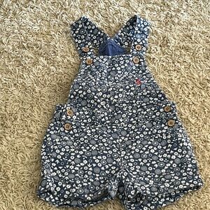 Girls 3Y Kite Blue Overalls with White Flowers, Brown Buttons and Pockets